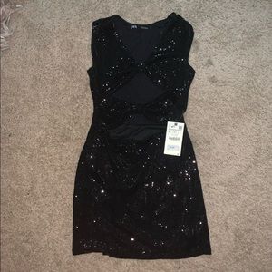 zara black sequin cut out dress